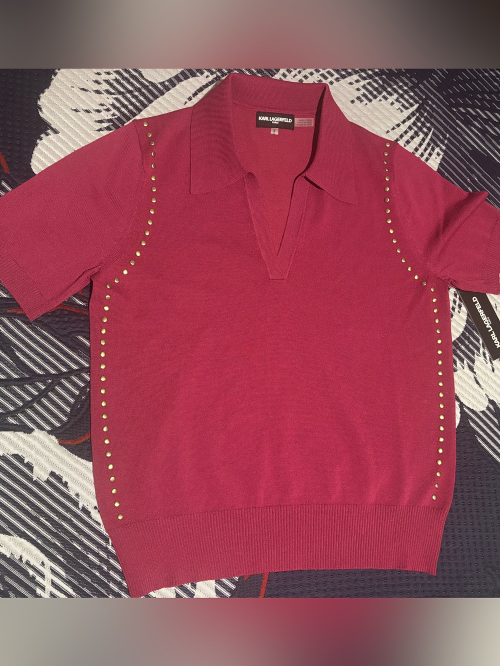 Karl Lagerfeld Red Studded Short-Sleeve Polo Top